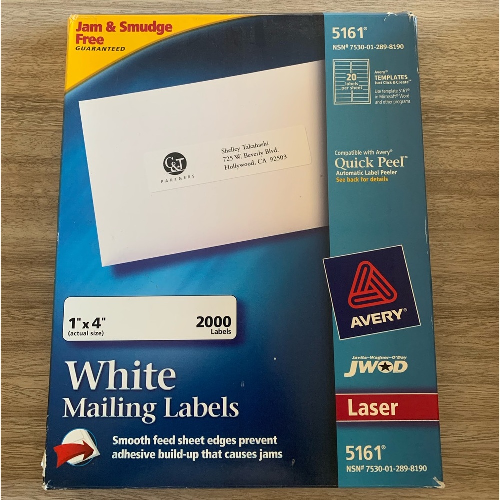 NWT Avery 5161 Laser White Mailing Labels 1” X 4” 2000 Labels